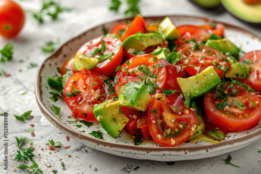 Tomato Avocado Salad in plate on a white stone background Tomato Avocado Salad in plate on a white stone background