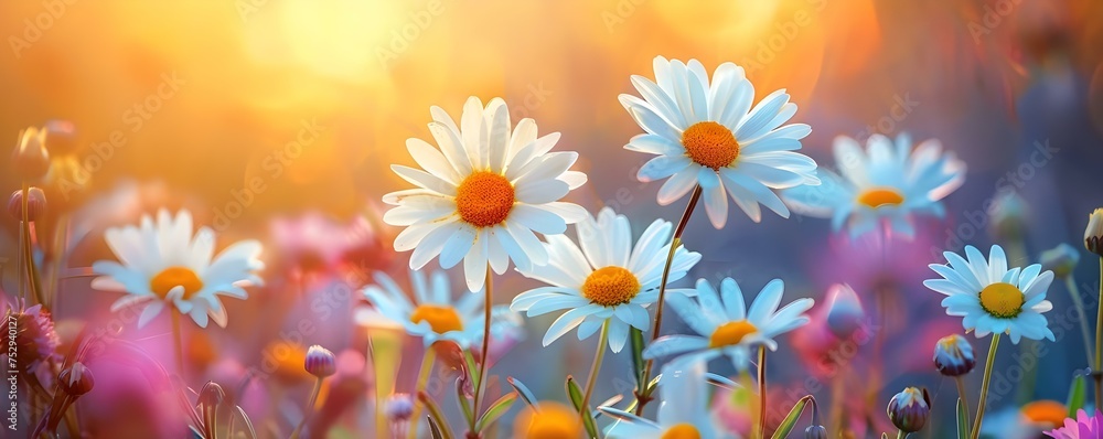 Macro shot of daisies showcasing delicate petals and blurred background. Concept Flower Macro Photography, Delicate Petals, Blurred Background