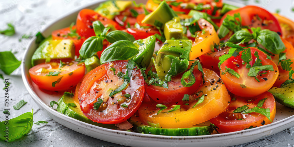 Tomato Avocado Salad in plate on a white stone background Tomato Avocado Salad in plate on a white stone background