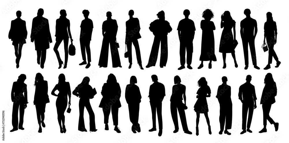 Silhouettes of diverse business people, men and  women standing, walking full length, front, side view. Vector black monochrome outline illustrations isolated on transparent background. - obrazy, fototapety, plakaty 