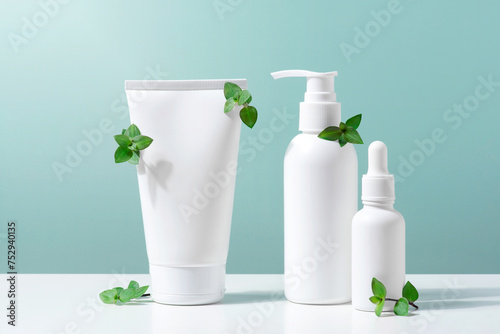 Сosmetic products on the table, white bottles and containers for skin care