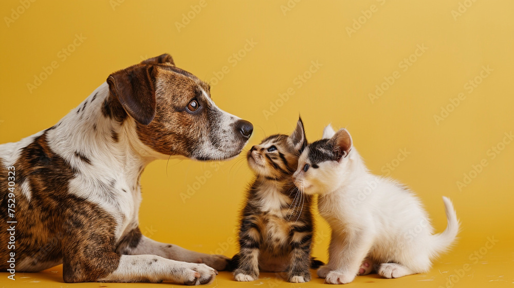 A loving pair of terriers and an adorable tabby kitten enjoying a shared moment of playfulness on a warm mustard yellow background. - obrazy, fototapety, plakaty 