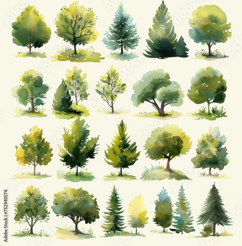 Watercolor painted various tree collection. An array of watercolor trees showcasing different species and styles  perfect for design or educational purposes  capturing the essence of flora