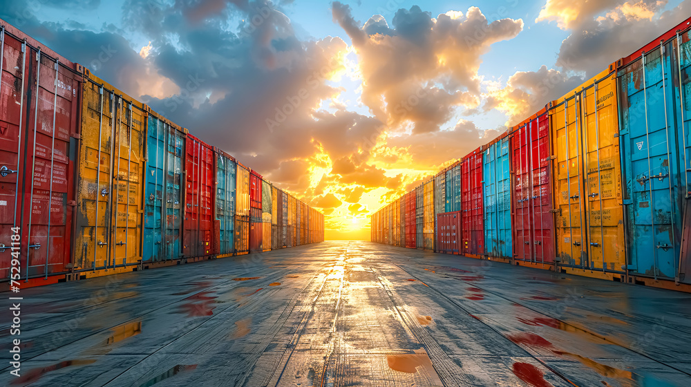 Fototapeta premium Cargo containers stacked at the docks at sunset. Freight transportation concept.
