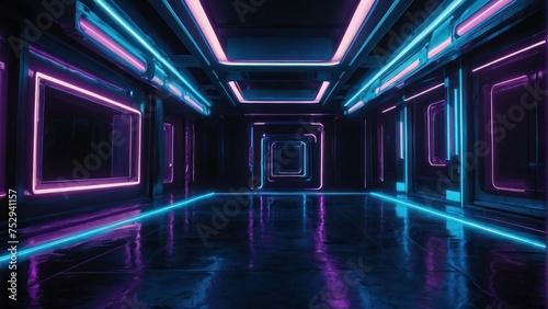 illustration of abstract background of futuristic corridor with purple and blue neon lights