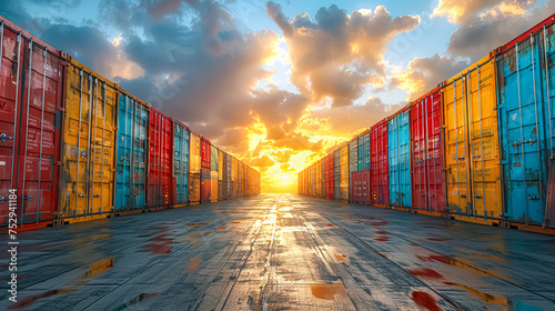 Cargo containers stacked at the docks at sunset. Freight transportation concept.