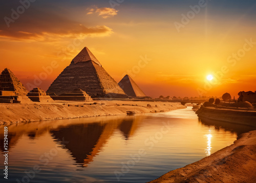 A fictional ancient Egyptian pyramid with a river. Sunset. AI