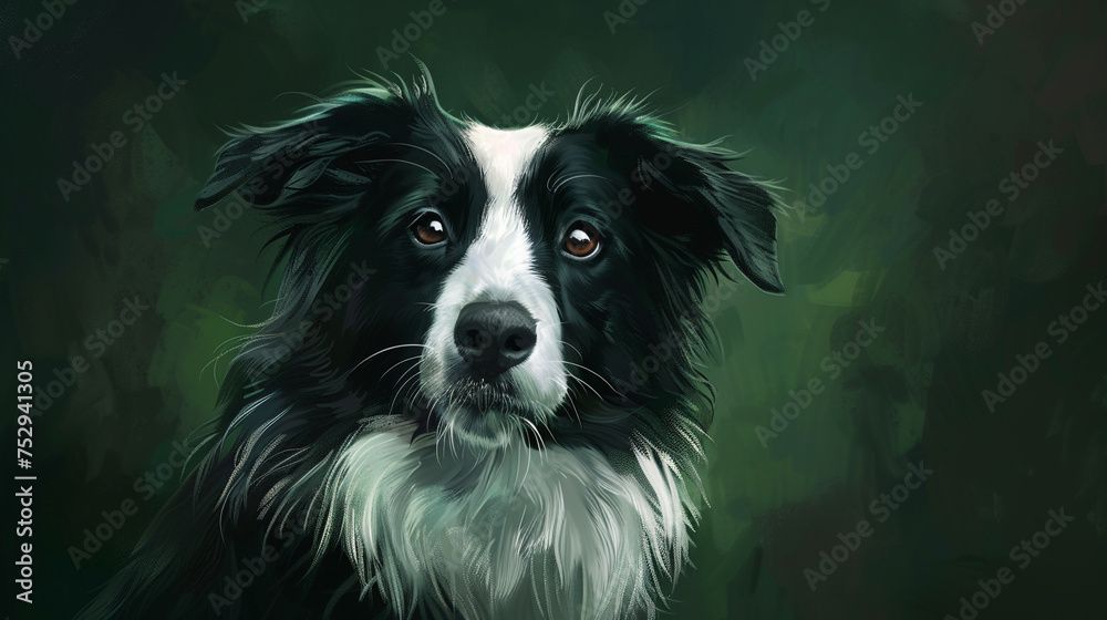 A loyal Border Collie with expressive eyes sitting against a deep forest green background.