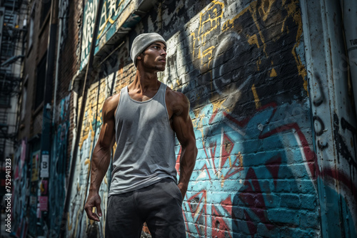 Muscular man in streetwear poses confidently in a graffitied alley