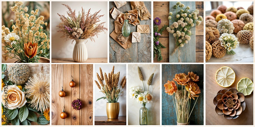 A collage of various photos showcasing dried flowers and plants in vases and bottles, as well as dried leaves and fruits.