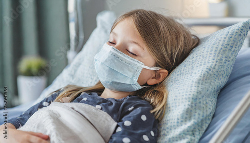 Sick child lying in hospital bed wearin a face mask 