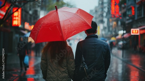 people walk under an umbrella in the rain down the old street