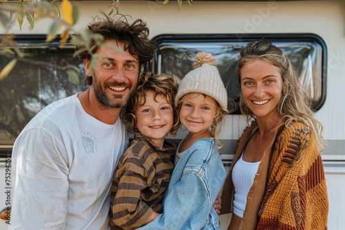 A smiling family of four stands together for a heartwarming photo outside their camper van © Pinklife