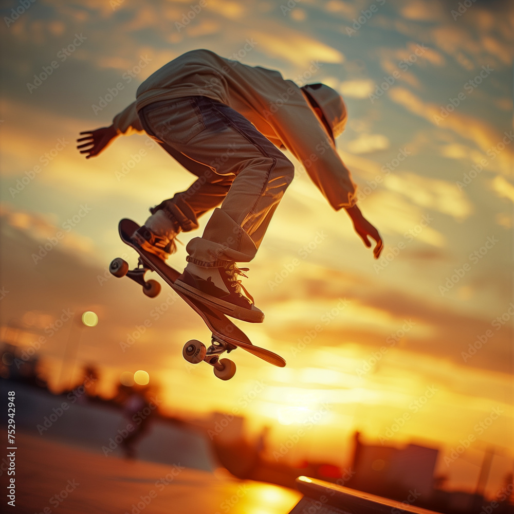 A boy performs a jumping stunt with a skateboard - obrazy, fototapety, plakaty 