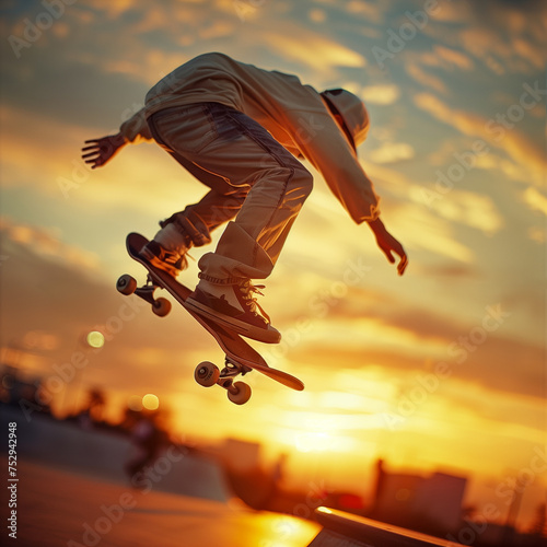 A boy performs a jumping stunt with a skateboard