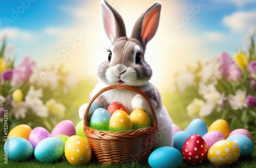 Easter bunny with basket of colorful eggs on green grass and flowers background