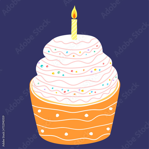 Birthday cupcake with candle in doodle kids style. Hand drawn creamy muffin. 