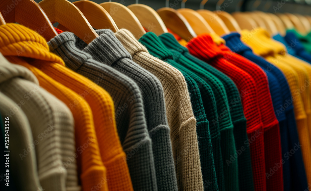 Obraz premium Vibrant Cashmere Sweaters and Hoodies Displayed on a Clothes Rack