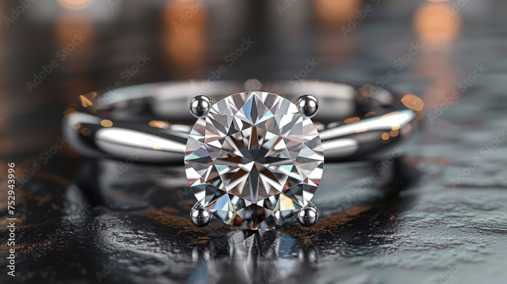 Silver diamond ring. Jewelry. Product shoot, macro shot, silver ring with diamond on shiny dark surface. Dark background. Silver diamond ring. Jewelry. Product shoot, macro shot, silver ring with diamond on shiny dark surface. Dark background.