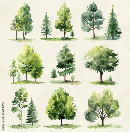 Watercolor painted various tree collection. An array of watercolor trees showcasing different species and styles  perfect for design or educational purposes  capturing the essence of flora