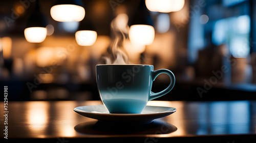 closeup of steaming coffee mug  with a modern cafe background.