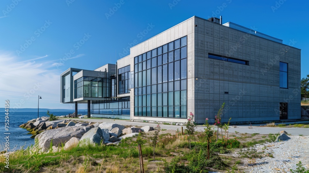 oceanographic research institute by the sea, with state-of-the-art facilities for marine biology studies