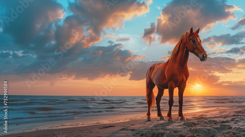 brown horse standing proudly on top of a sandy beach under a dramatic sky painted with shades of blue and orange, © Abbas