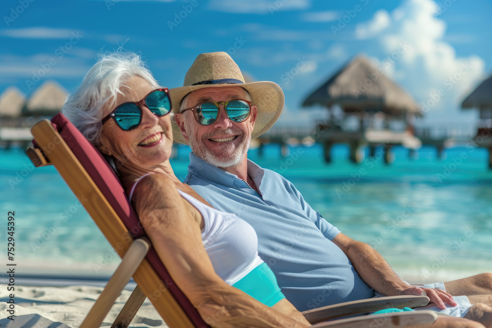 happy senior couple relaxing on wooden deck chair at tropical beach