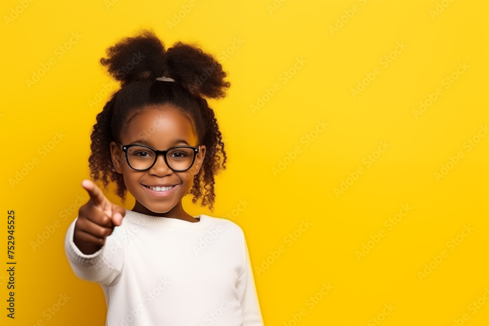 Black little girl 10 years old in a white T-shirt and glasses on a yellow background schoolgirl with her finger to the side - obrazy, fototapety, plakaty 