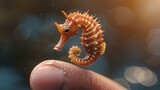 Small seahorse standing in water, suitable for marinethemed designs, educational materials, ocean conservation awareness campaigns, and childrens illustrations.