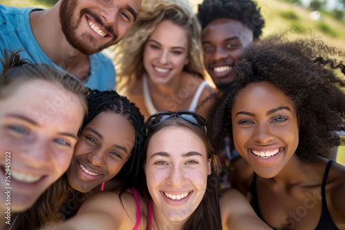 multiracial friends taking big group selfie pic outdoor