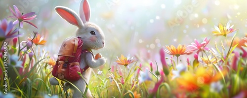 Journey Through Spring  The Playful Bunny with Its Backpack Full of Easter Eggs