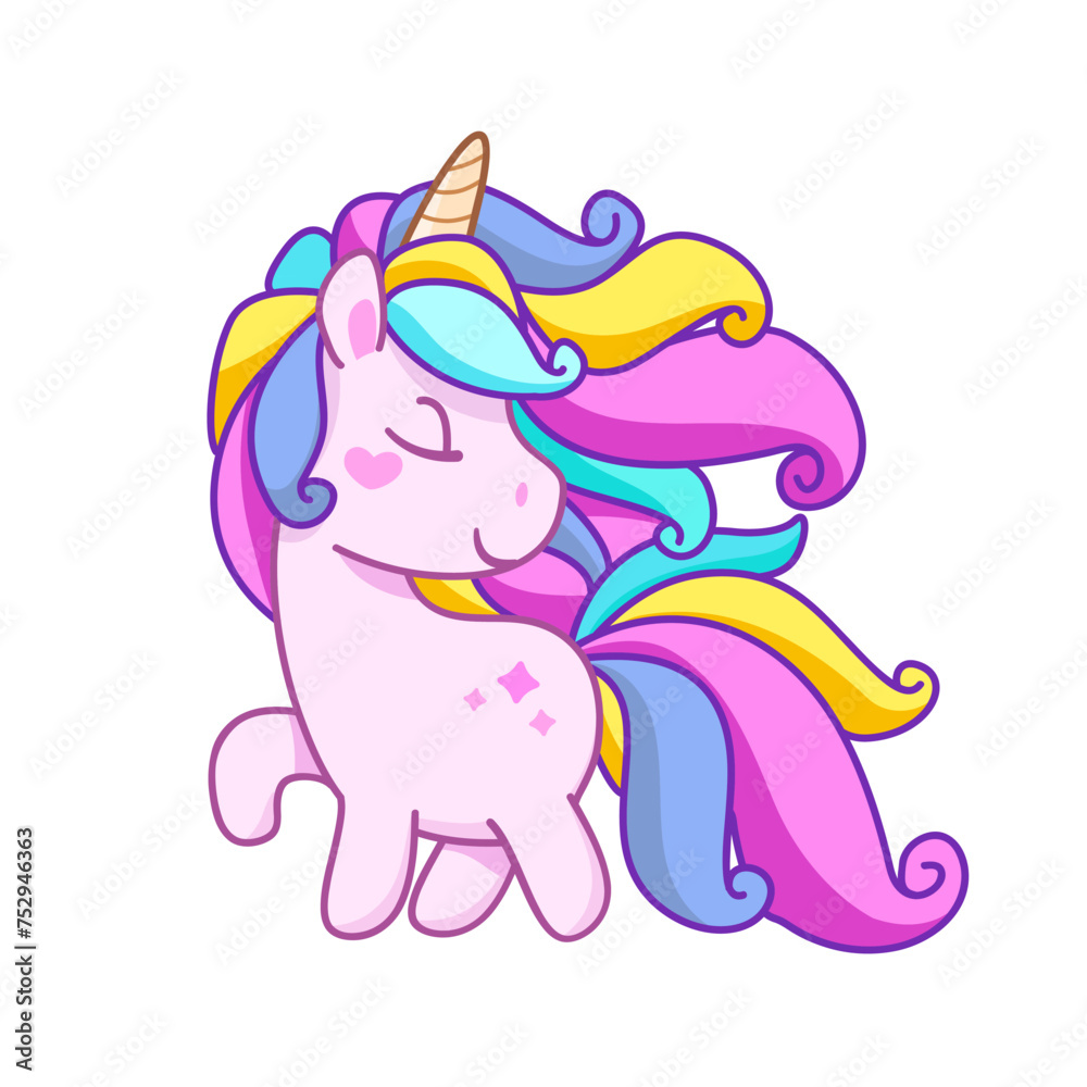 Cute Cartoon Poni Unicorn with neon colorful hair  (Kawaii vector)