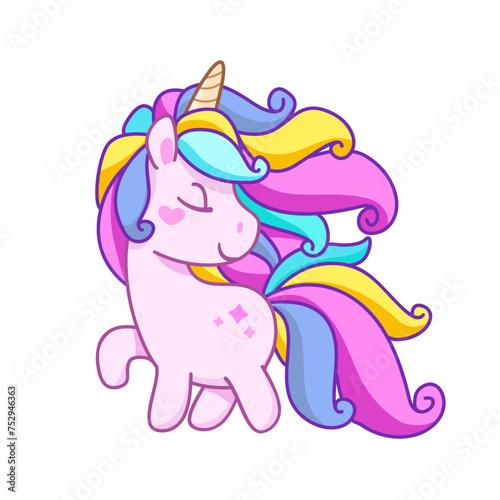 Cute Cartoon Poni Unicorn with neon colorful hair (Kawaii vector)