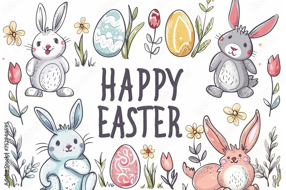 Fototapeta premium Colorful Easter Egg Basket easter brunch recipes. Happy easter Easter egg designs bunny. 3d easter eggs hare rabbit illustration. Cute Eggcellent festive card Easter style copy space wallpaper