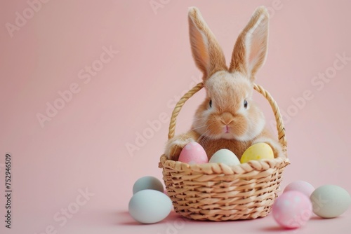 Colorful Easter Egg Basket belly laugh. Happy easter Holy Week bunny. 3d decorative wallpaper hare rabbit illustration. Cute Easter atmosphere festive card Bunny figurines copy space wallpaper