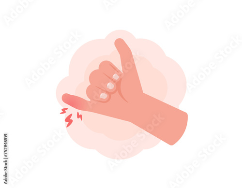 Illustration of a hand with a swollen little finger. The pinky finger enlarged and turned red. swollen and painful fingers. illness or health problems. Cartoon or flat style illustration design