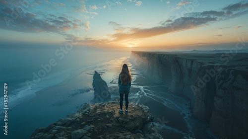 A person stands on a cliff during sunset, gazing at the vast ocean and horizon
