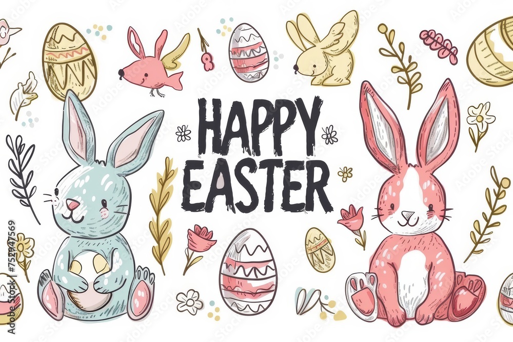 Obraz premium Colorful Easter Egg Basket Patterned. Happy easter Egg tapping bunny. 3d sunrise service hare rabbit illustration. Cute Handcrafted bouquet festive card Polygonal Modeling copy space wallpaper