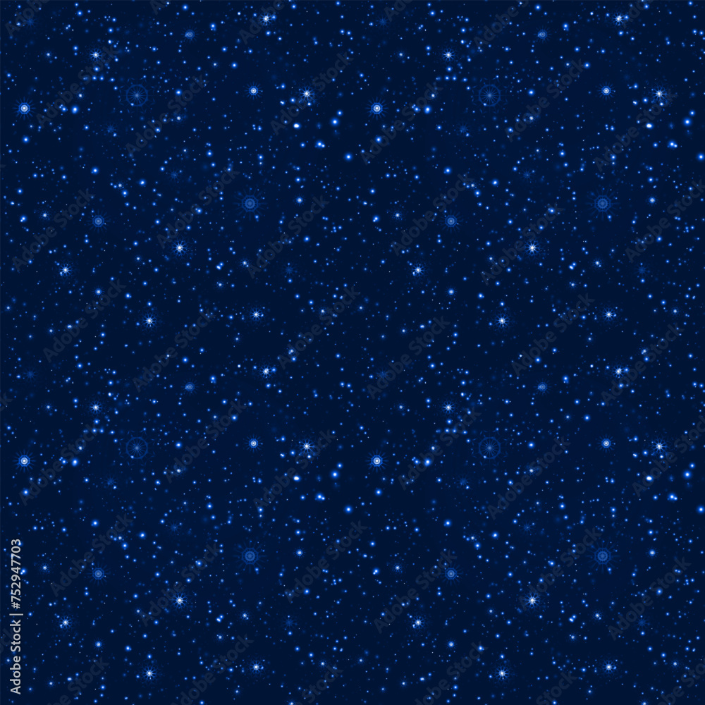 Star universe vector background. Night starry sky seamless pattern. Milky way galaxy template wallpaper with beautiful snowflakes and sparkles. Winter dark blue repeated backdrop for holidays designs. Star universe vector background. Night starry sky seamless pattern. Milky way galaxy template wallpaper with beautiful snowflakes and sparkles. Winter dark blue repeated backdrop for holidays designs.