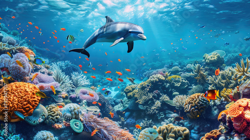 Underwater wildlife panorama Coral reef with wild dolphins and fishes
