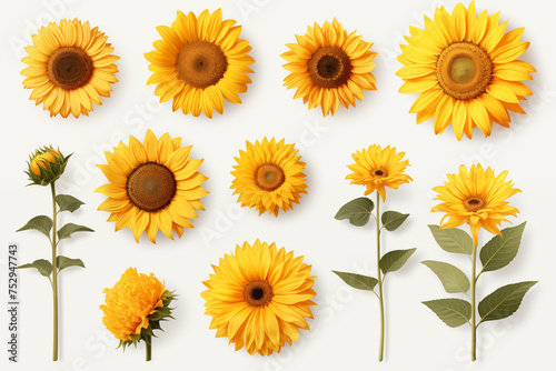 collection of hand drawn sunflowers flowers isolated on a white background