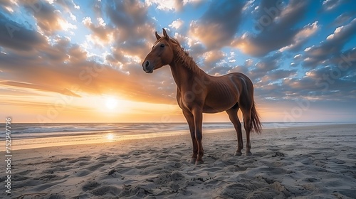 brown horse standing proudly on top of a sandy beach under a dramatic sky painted with shades of blue and orange 