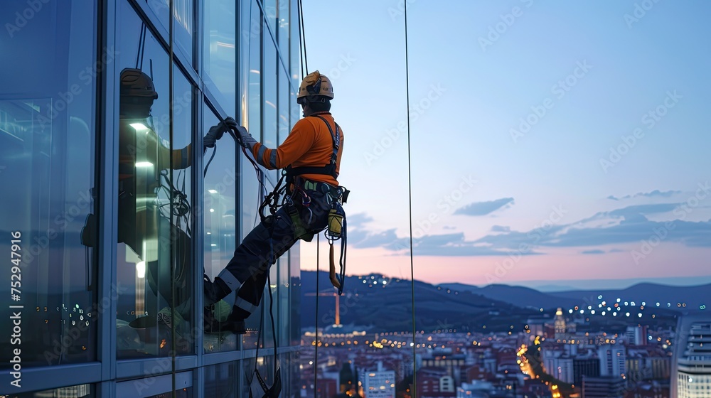 Urban High-Rise Window Cleaner at Dusk