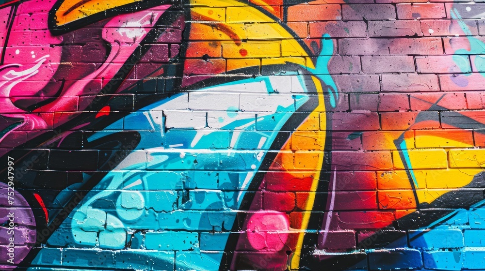 A dynamic street art graffiti wall, full of vibrant colors and bold designs, in a bustling urban environment. A dynamic street art graffiti wall, full of vibrant colors and bold designs, in a bustling urban environment.