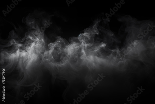 Smoke clouds, steam mist fog and white foggy vapor. Realistic smoke particles isolated on black background. Beautiful swirling gray smoke.