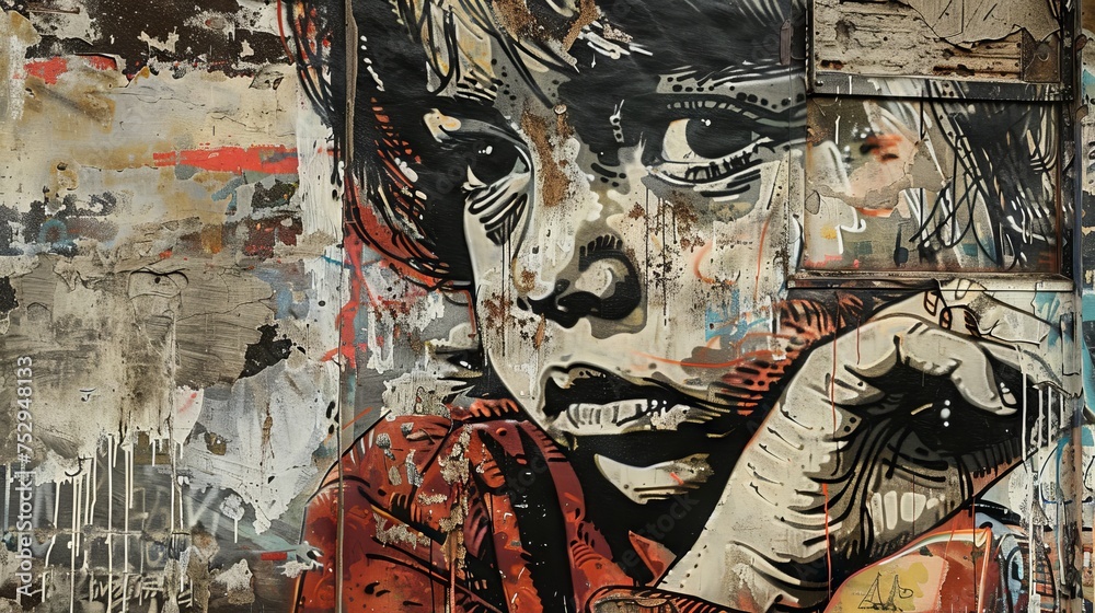 A gritty and raw street art piece reflecting urban decay and the struggles of city life.