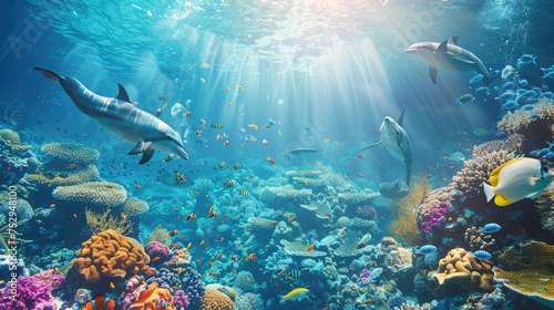Underwater wildlife panorama Coral reef with wild dolphins and fishes © Kien