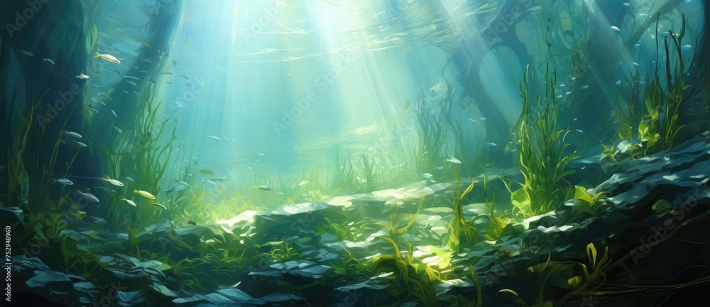 Aquatic Ballet: Sunlit Dance of Fish Amongst Ocean's Verdant Kelp - Generative AI Aquatic Ballet: Sunlit Dance of Fish Amongst Ocean's Verdant Kelp - Generative AI