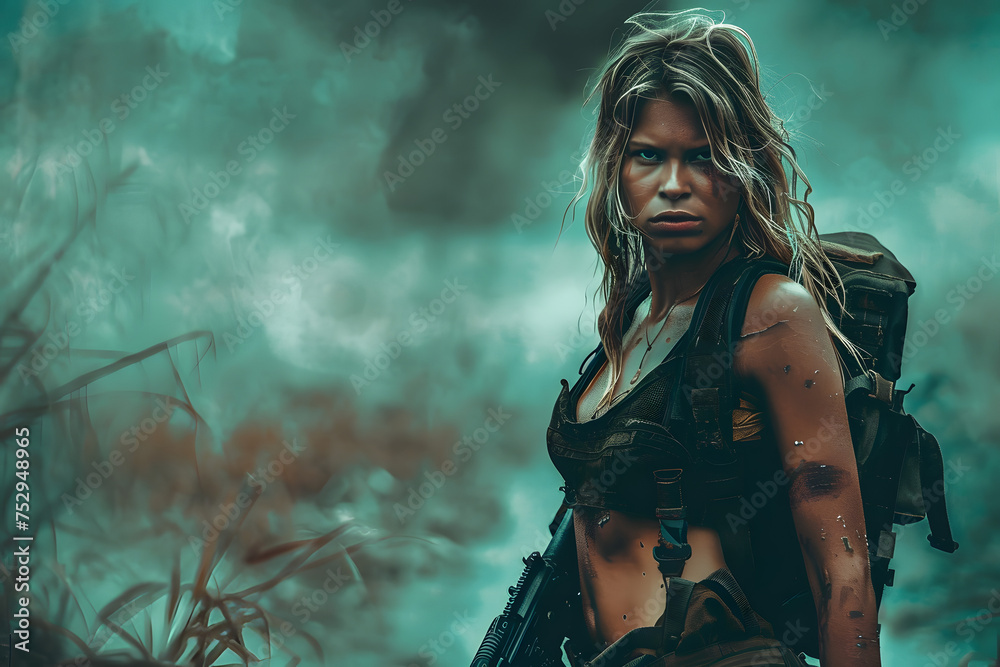 Obraz premium fierce woman, warrior attire, post-apocalyptic scenery, gritty texture, determined stance, survival theme